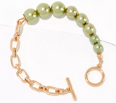 Susan Graver Goldtone Olivine Simulated Pearl & Chain Toggle Bracelet 7-1/2"
